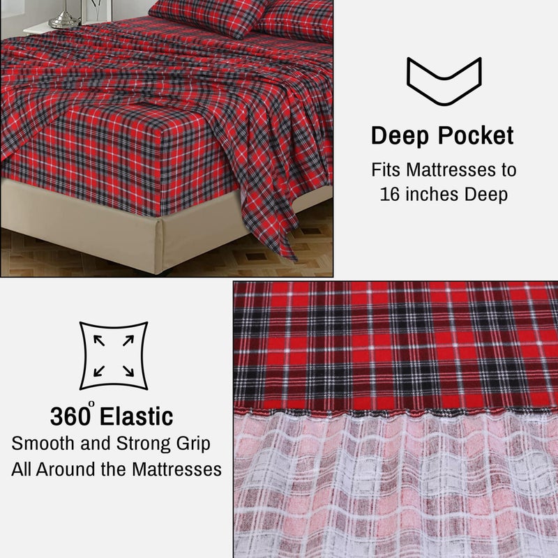RUVANTI Flannel Sheets King Size - 100% Cotton Brushed King Size Sheets Set - Deep Pockets 16 Inches Bed Sheets - All Seasons Breathable & Extra Soft - Warm & Cozy, 4 Piece, Red Plaid - Image 5